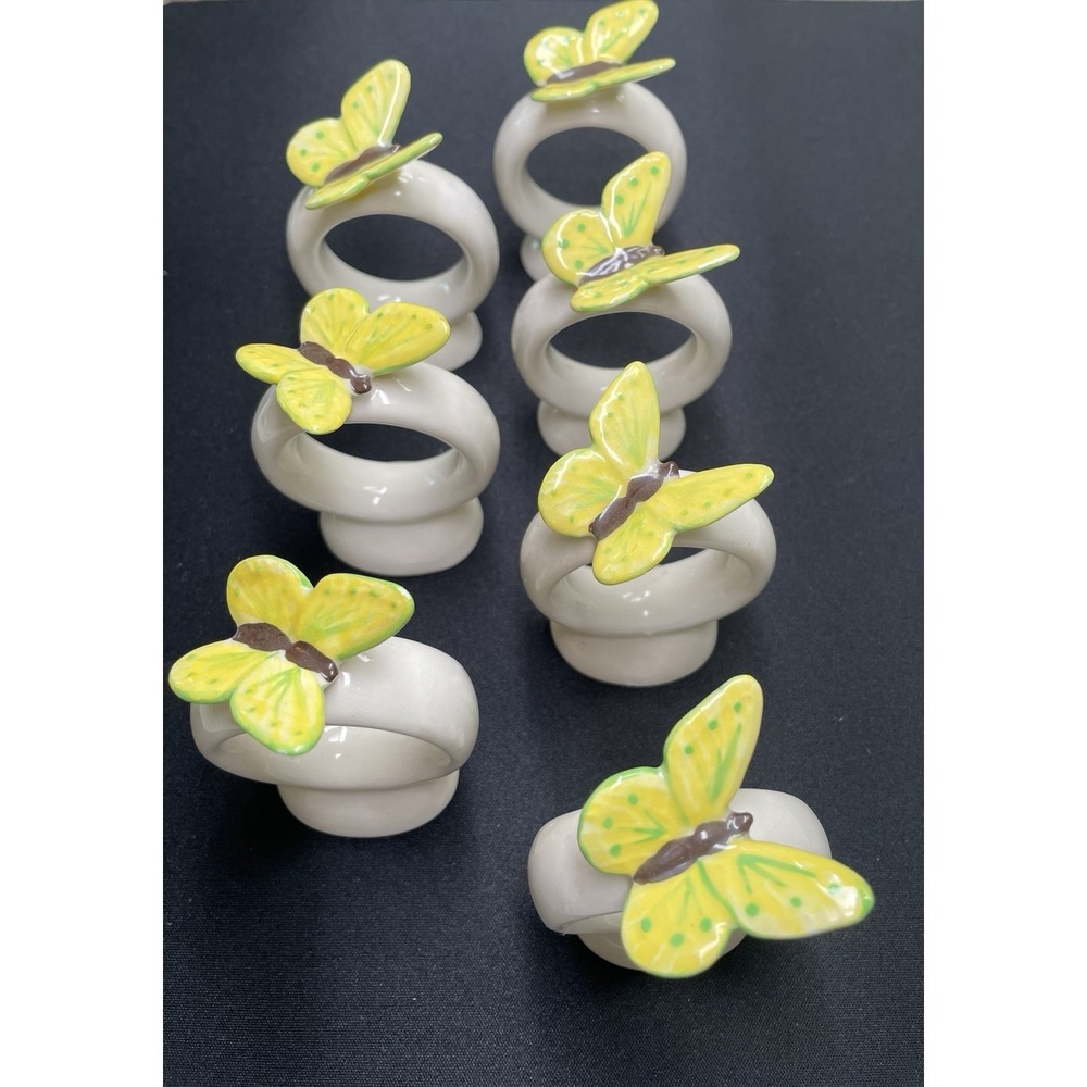 Vintage 1977 Porcelain Yellow & Green Butterfly Napkin Rings Holders Set of 7